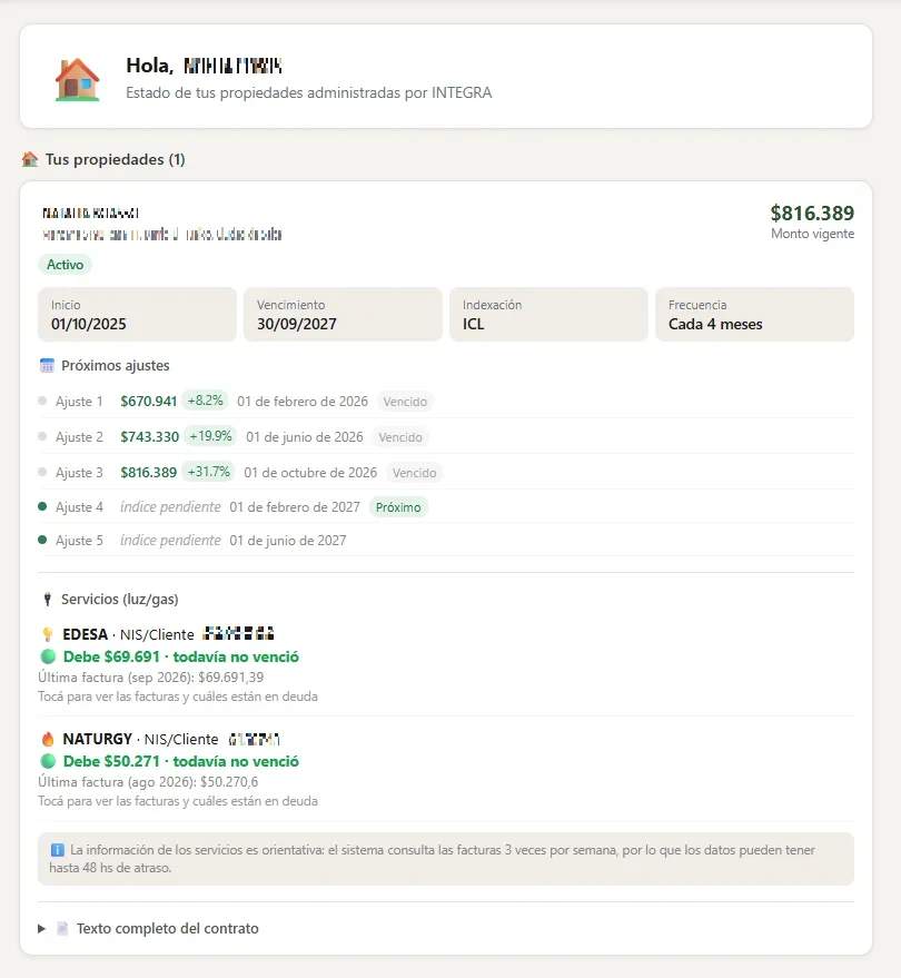 Portal del propietario de Integra visto en un celular